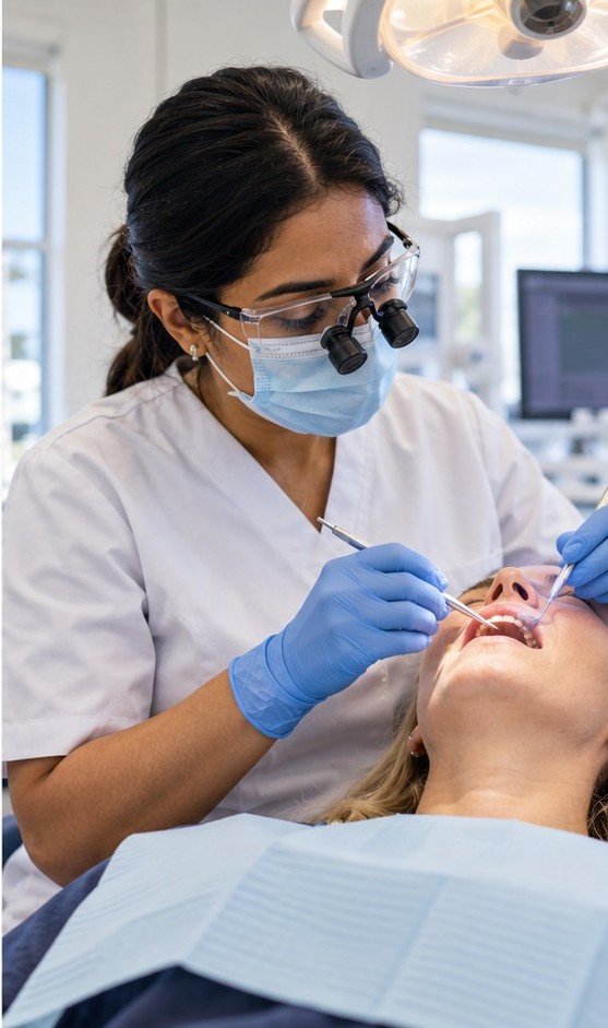 A dentist talking to a patient in a bright modern dental practice