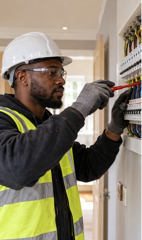 An independent electrician working safely on a residential installation