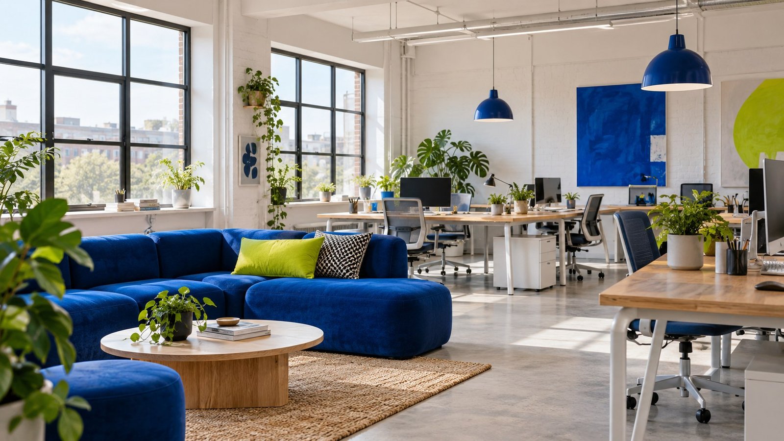A bright creative studio with blue furniture and lime accents