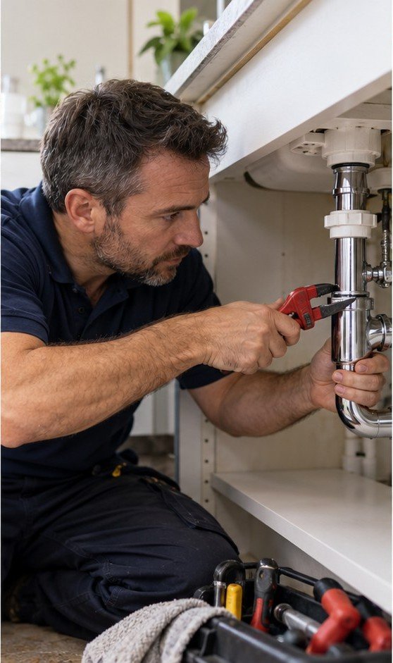 A plumber working on pipework beneath a sink