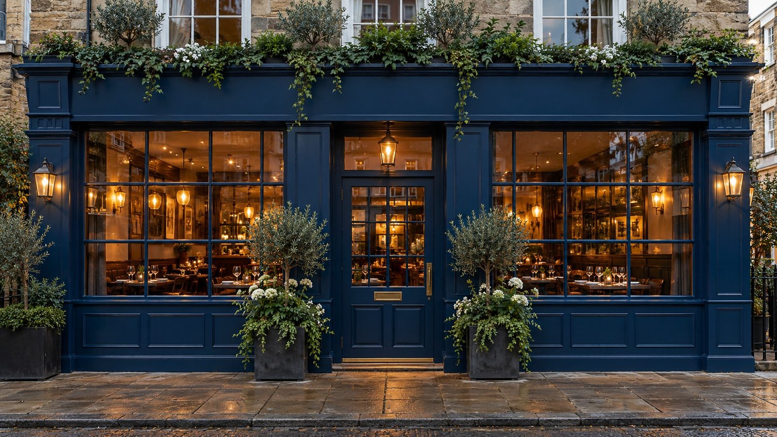 Street-facing exterior of an independent restaurant with a blue shopfront